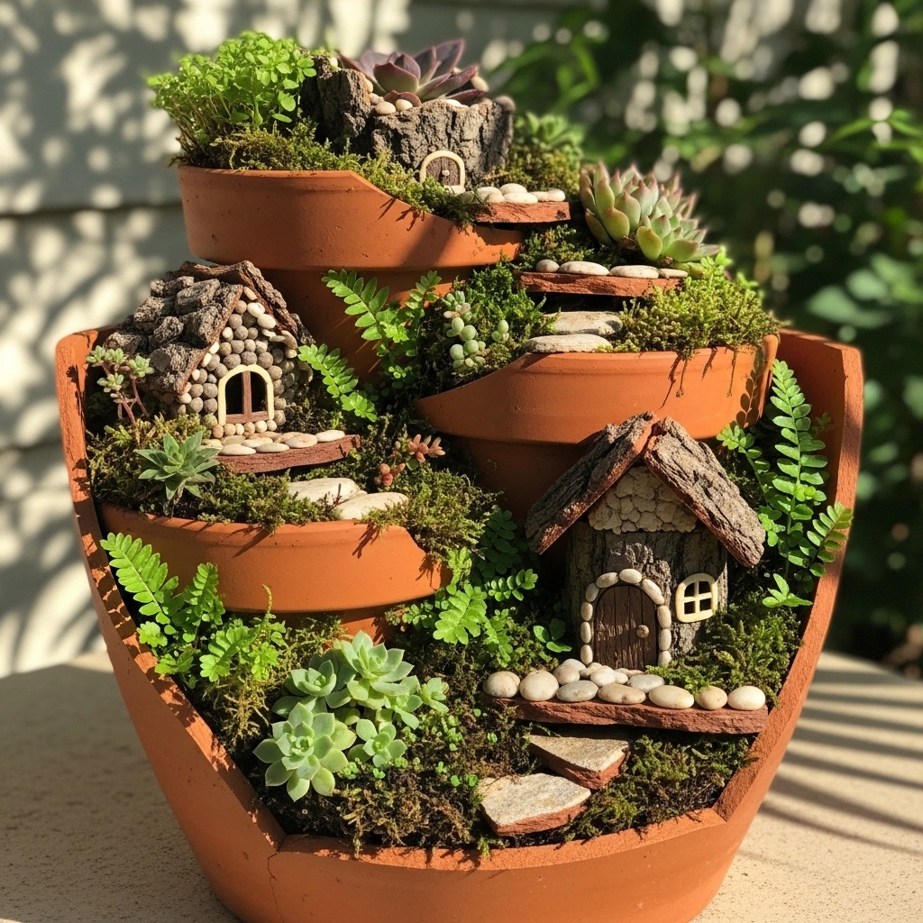 Broken pot fairy garden with layered design using cracked ceramic pieces, small plants, and a fairy house in natural sunlight creating a creative DIY garden decor idea