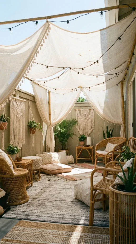 Removable canopy for budget boho patio makeover – stylish shade