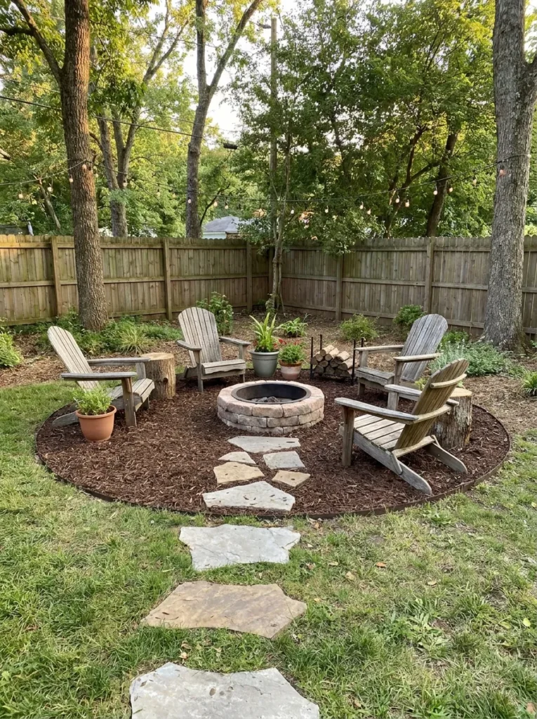 Mulch and stepping stones fire pit area – budget-friendly landscaping