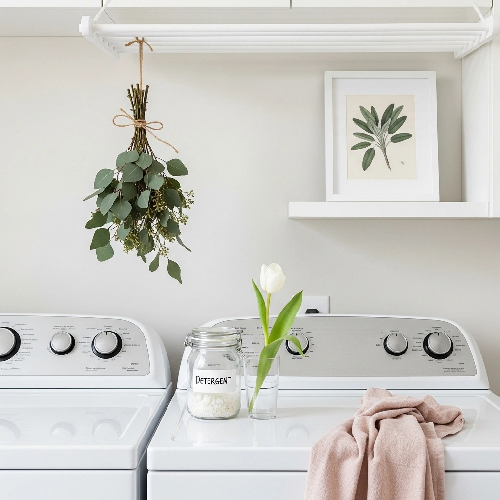  Budget friendly spring laundry room ideas with eucalyptus bunch on drying rack glass detergent jar white tulip in clear glass home printed botanical print in white frame and blush linen towel for budget friendly spring laundry room ideas 2026