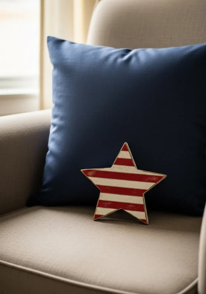 Budget-friendly blue pillow and wooden star decor in a small apartment.
