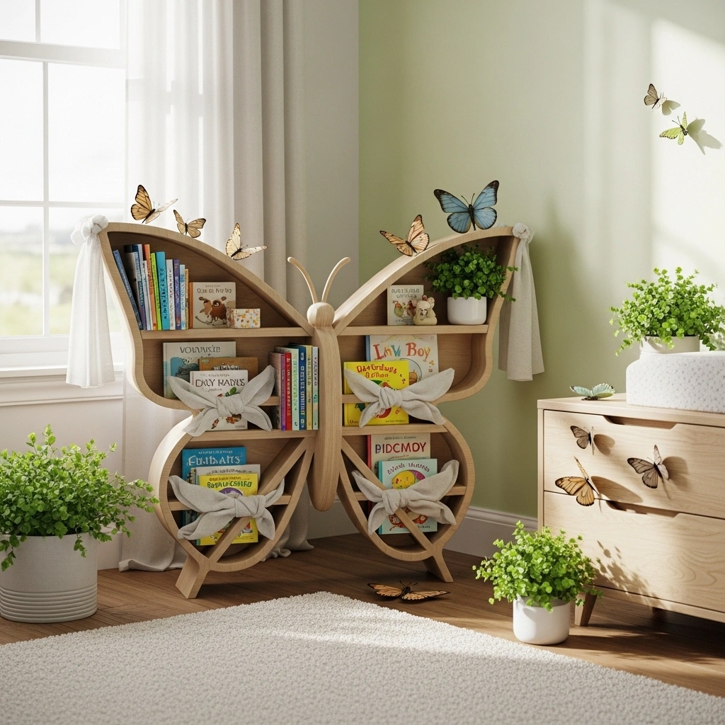 Butterfly bookshelf display – practical nature nursery ideas