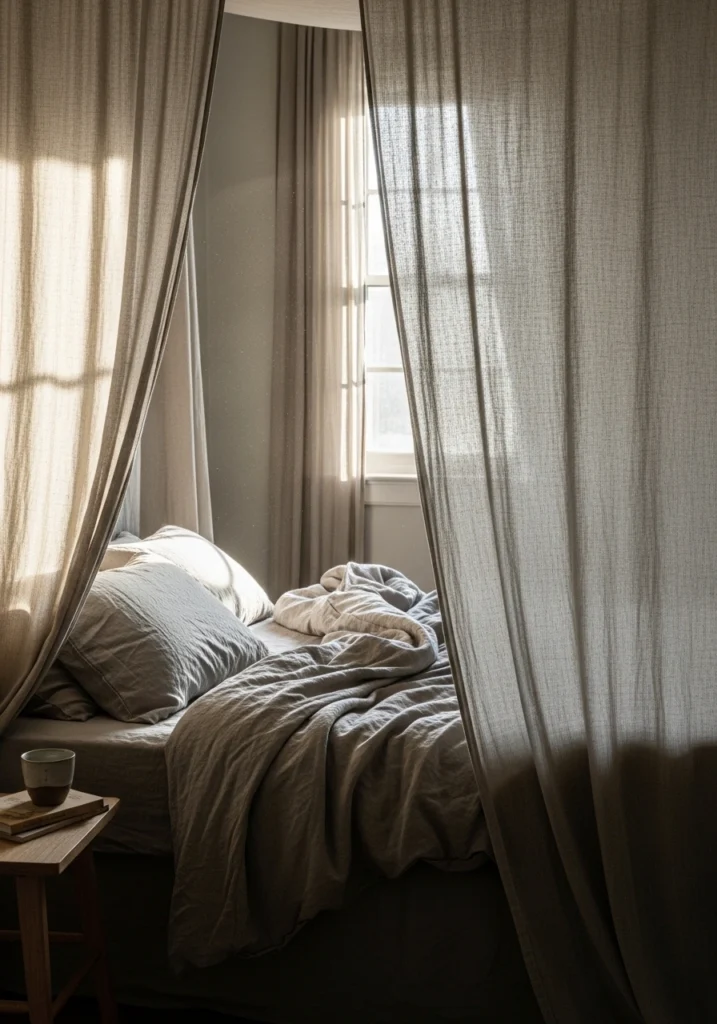 Canopy drapes for cocooning bedroom – private sanctuary idea