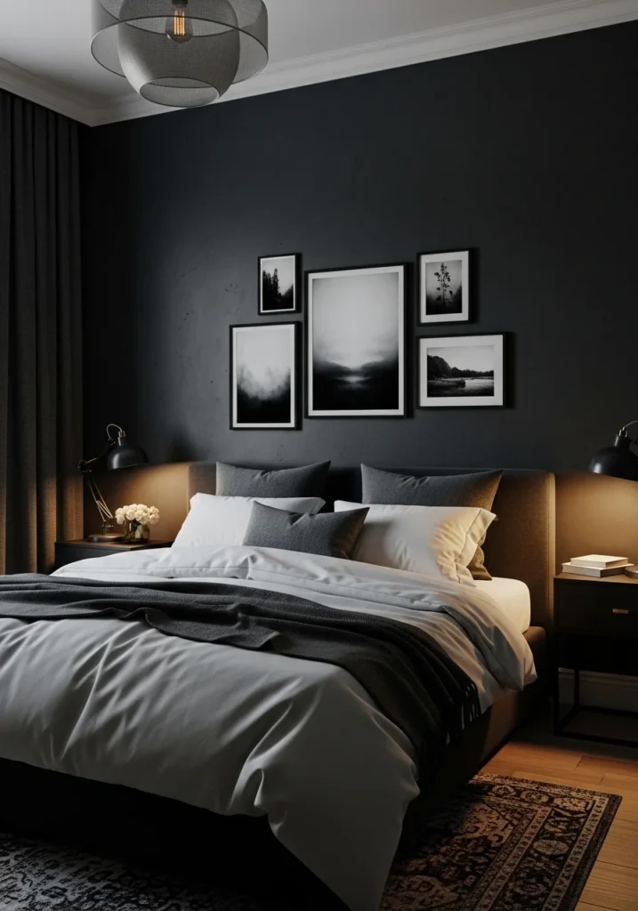 Charcoal accent wall in moody bedroom – dramatic and renter-friendly