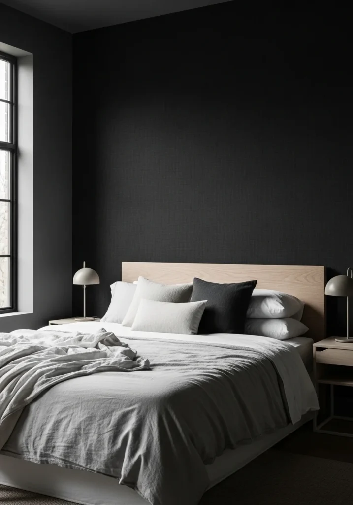 Charcoal wall in moody bedroom – renter-friendly drama