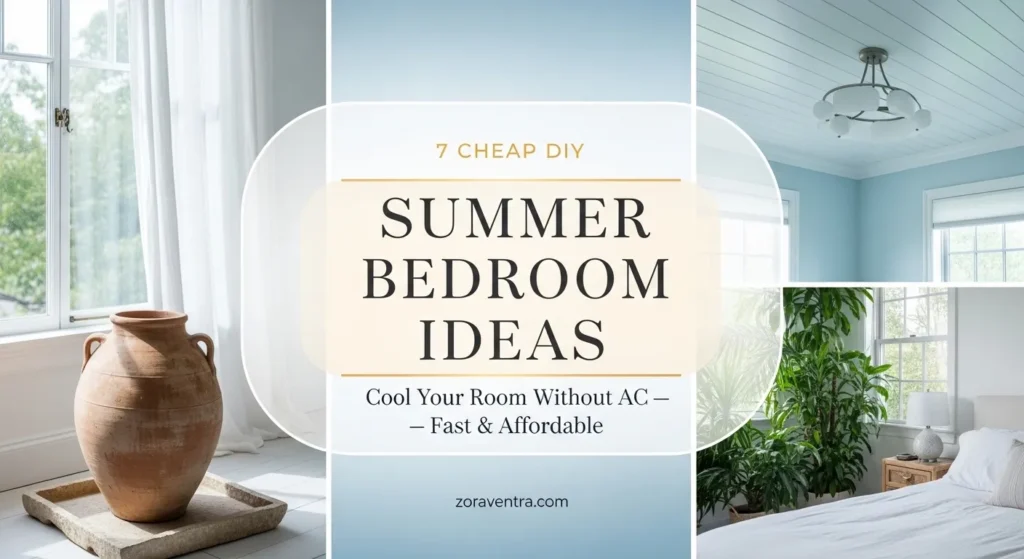 High-end summer bedroom cooling ideas featuring DIY wet sheets, terracotta pots, and elegant 2x2 collage breezy interiors.