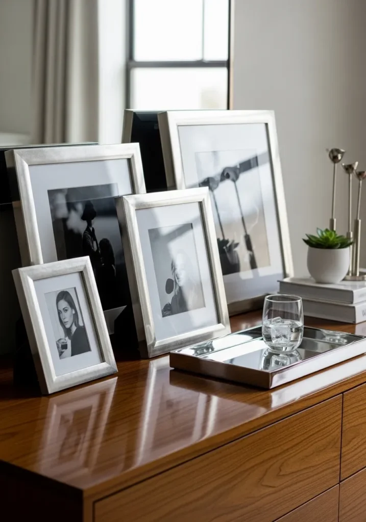Silver and chrome bedroom accents for a cool visual aesthetic.