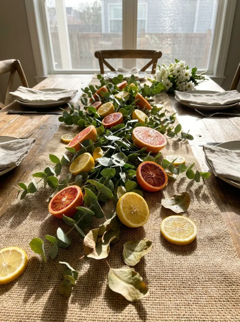 Citrus and greenery table runner for a fresh Mother's Day look.