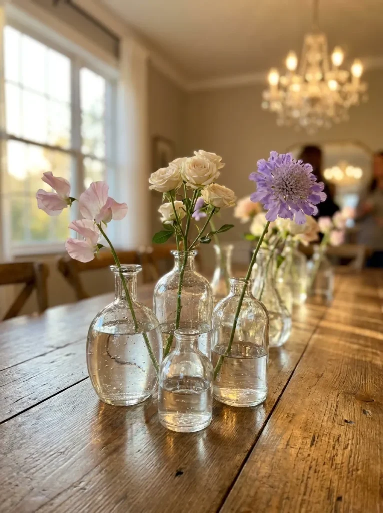 Clustered glass bud vases with single floral stems on a Mother's Day table.