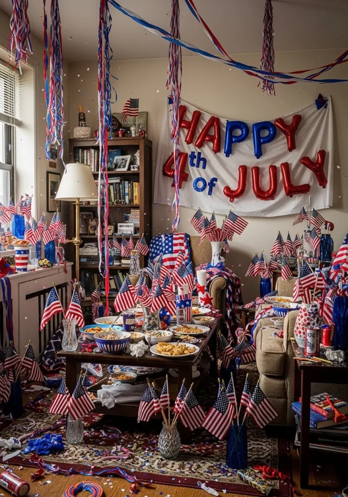 A cluttered small living room showing common 4th of July decorating mistakes.