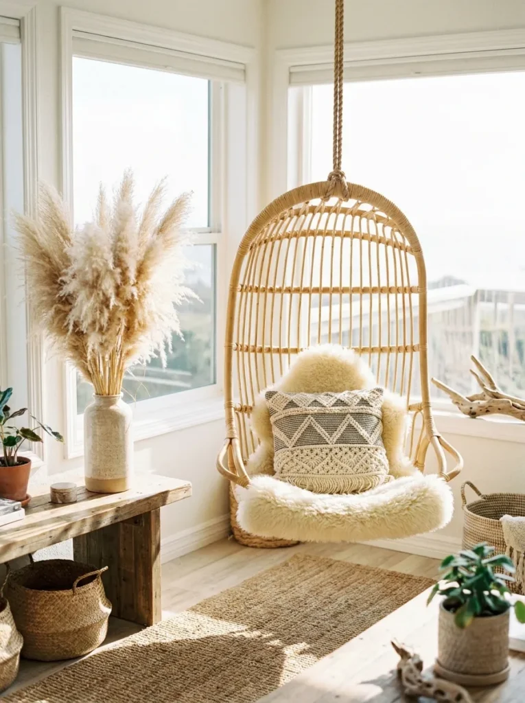 Coastal boho corner with rattan hanging chair and pampas grass.
