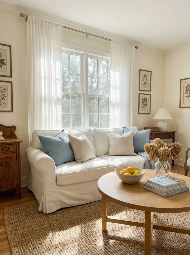 Coastal grandmother living room with white slipcovered sofa and natural light.