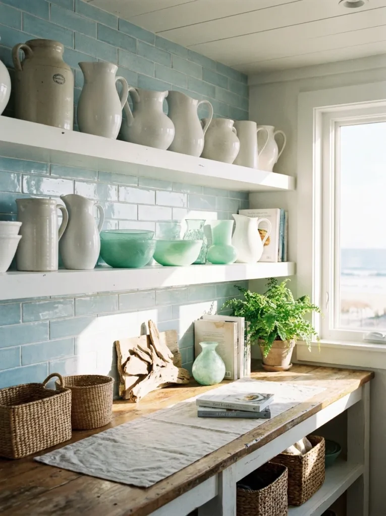 Open kitchen shelving with coastal-themed ceramics and glassware.