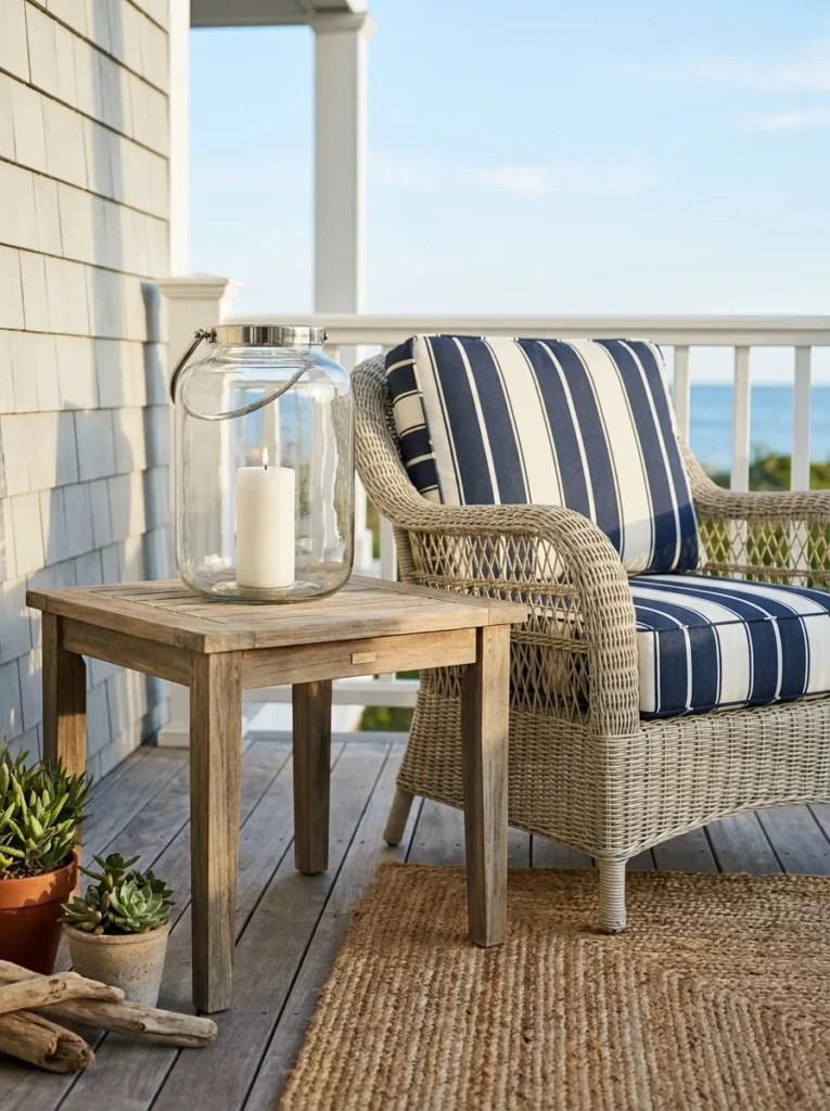 Coastal style porch decor with navy accents and weathered teak furniture.
