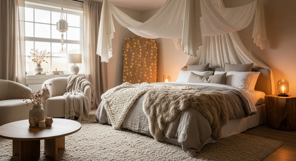Warm cocooning bedroom ideas with soft layered textures, neutral tones and calming amber lighting for a peaceful retreat