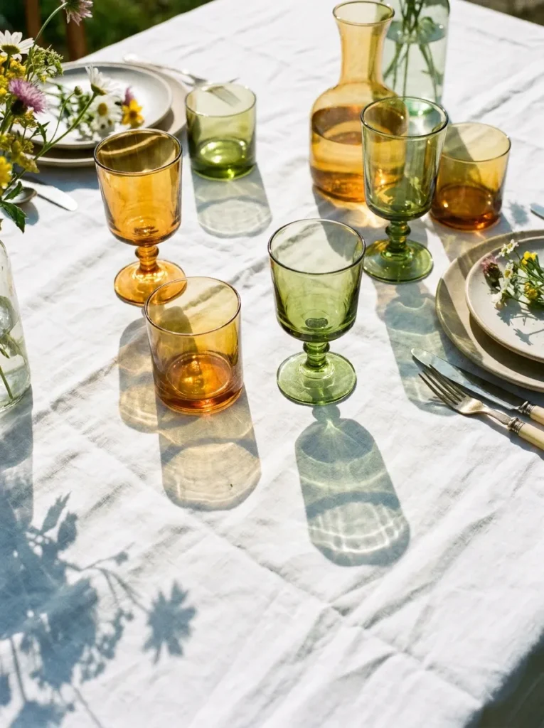 Colorful tinted glassware on a summer outdoor dining table.