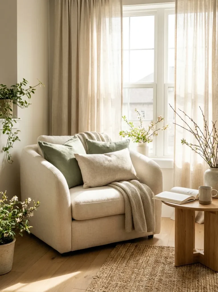 Comfortable spring reading nook with a cream accent chair, soft cushions, lightweight throw blanket, and natural wood side table beside a bright window.
