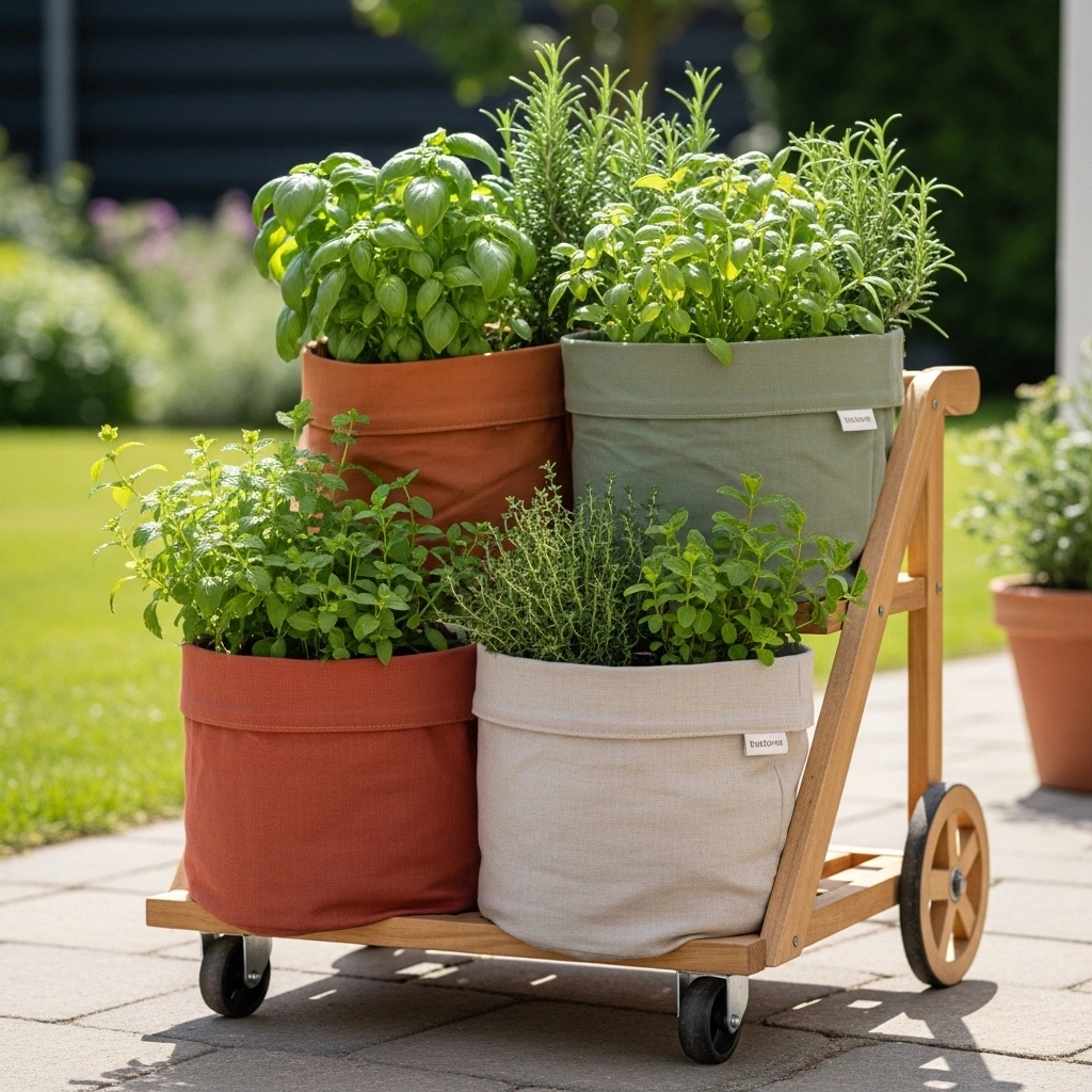 Container herb garden backyard with wheels – flexible small backyard herb garden ideas