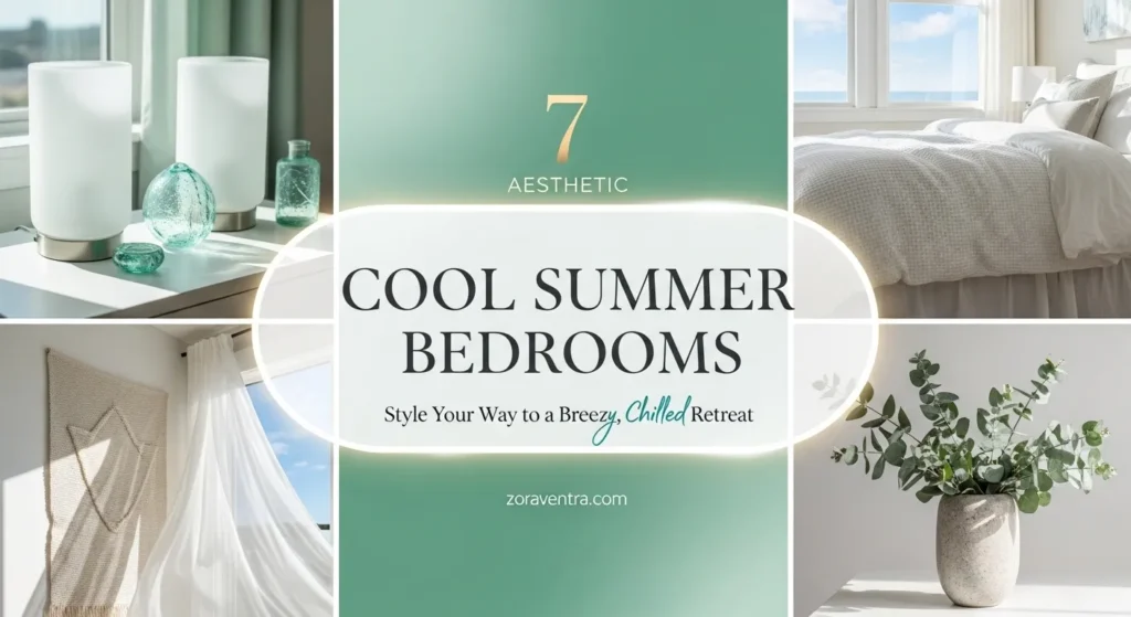 Aesthetic summer bedroom ideas featuring sea-glass accents, white linen bedding, and elegant 2x2 collage breezy interiors.