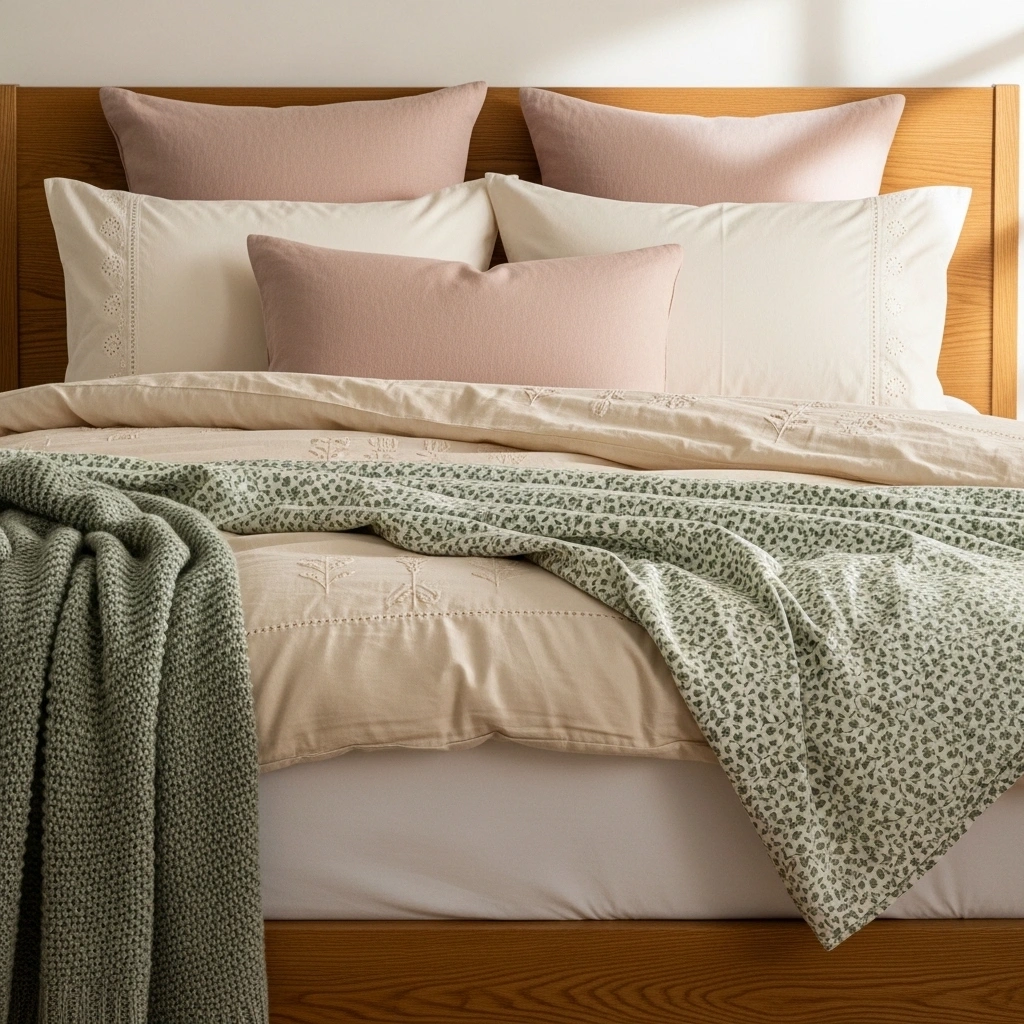  Cottage style bed spring bedroom with white cotton fitted sheet cream embroidered duvet green floral print coverlet sage green chunky knit throw dusty blush linen euro pillows cream eyelet pillowcases and blush accent pillow in warm diffused morning window light for cottage style bed spring bedroom ideas 2026