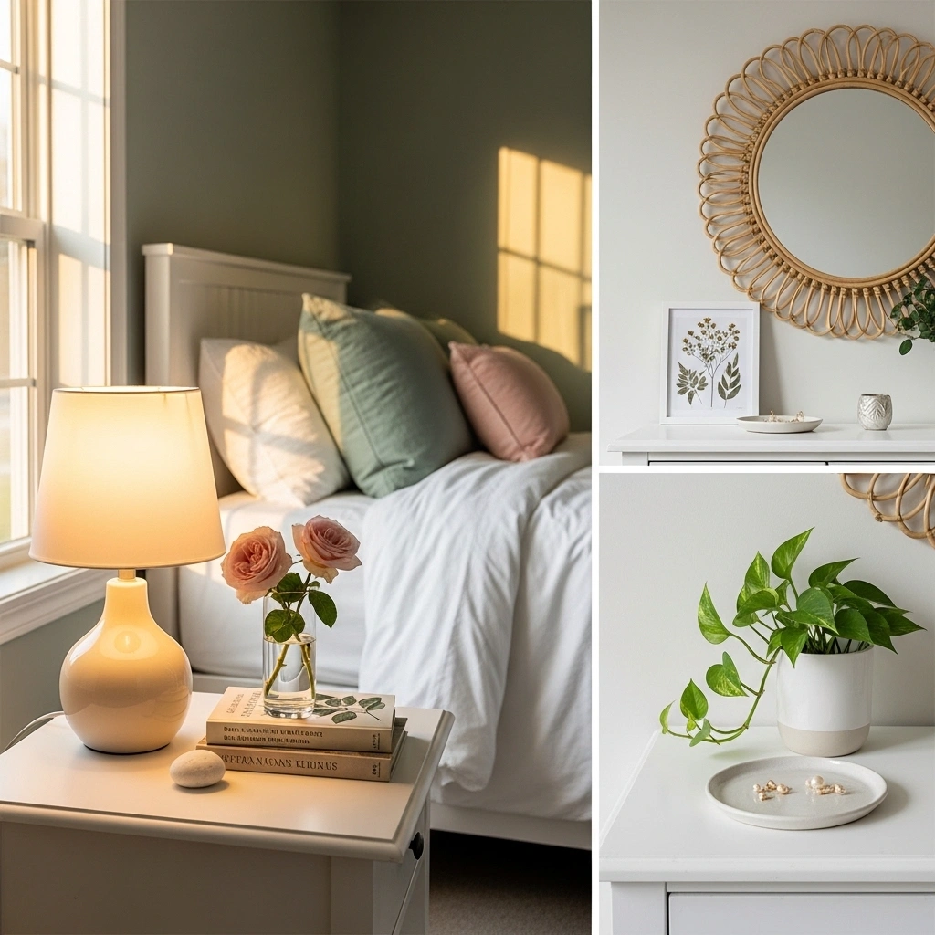  Cottage theme bedroom spring accessories with nightstand ceramic lamp blush garden roses book stack white stone and dresser rattan mirror botanical print cream ceramic dish trailing pothos showing three corner vignettes with sage green bed wall and layered bedding in warm golden morning window light for cottage theme bedroom spring accessories ideas 2026