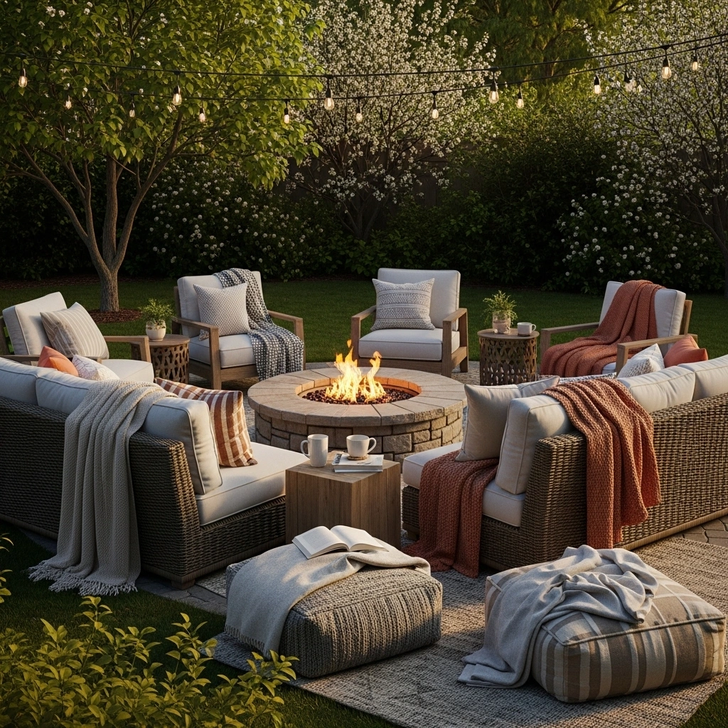 Cozy backyard fire pit with layered seating – relaxing spring backyard fire pit ideas