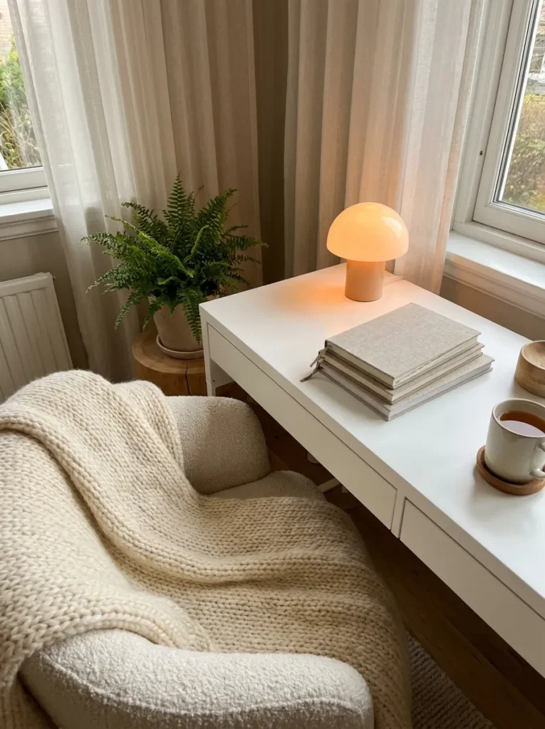 Cozy feminine desk corner with a chunky knit throw and warm lamp.
