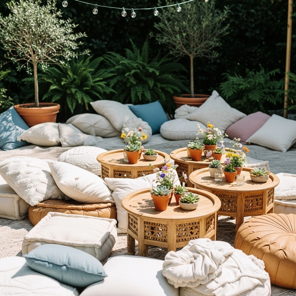 Cozy lounge corner with floor pillows – perfect boho garden party decoration ideas