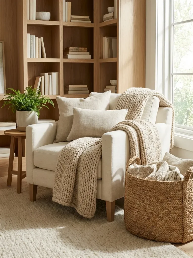 Cozy reading nook with textured cushions, knitted throw blanket, woven basket, and soft area rug.