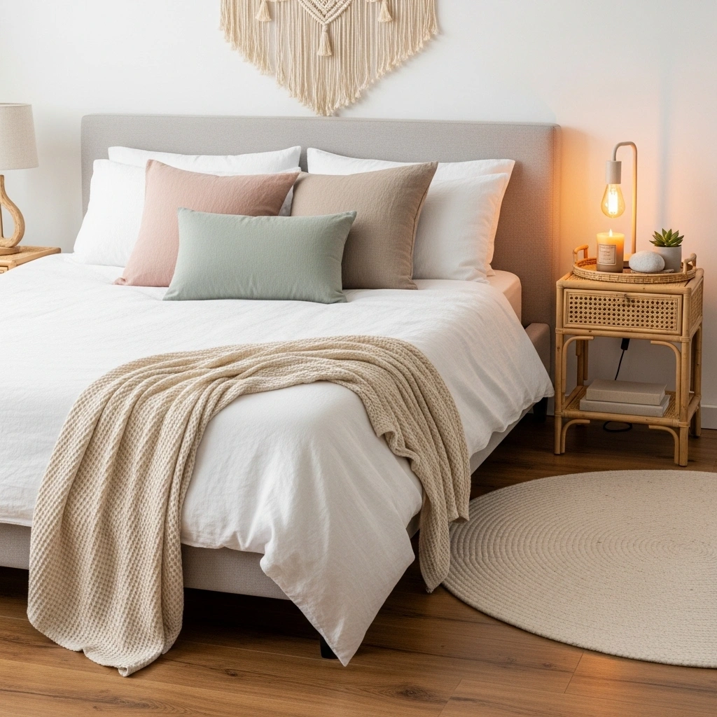 Cozy spring bedroom refresh with linen bed cream waffle throw blush sage cushions wool rug rattan nightstand tray macrame wall hanging and Edison lamp for cozy spring bedroom refresh ideas 2026