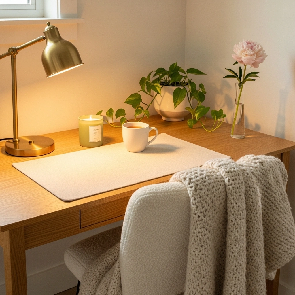 Cozy spring home office decor ideas with cream linen desk mat brass desk lamp sage ceramic candle white tea mug trailing pothos white pot cream knit throw on white boucle chair and fresh blush peony bud vase on natural oak desk for cozy spring home office decor ideas 2026