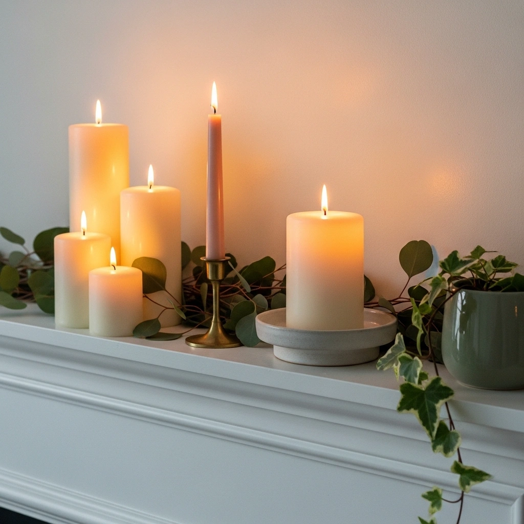 Cozy spring mantel decorating ideas with three height-varied cream pillar candles lit brass taper candlestick blush taper wide cream church candle fresh eucalyptus and sage trailing ivy on white painted fireplace mantel for cozy spring mantel decorating ideas 2026