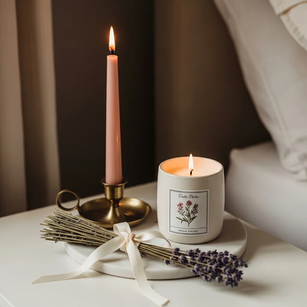 Cozy spring bedroom nightstand candle decor with botanical label ceramic candle vessel brass taper candlestick and dried lavender bundle on marble tray for cozy spring nightstand decor ideas