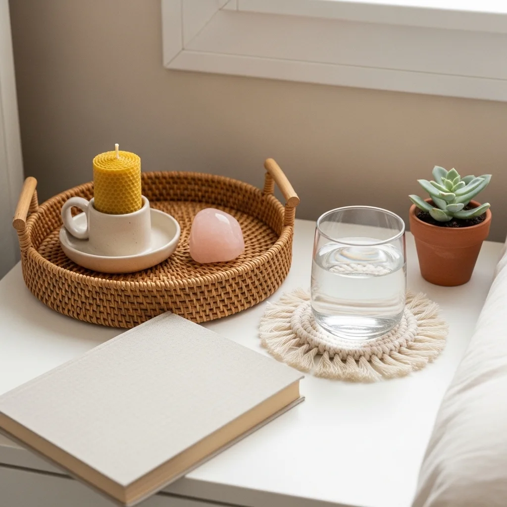 Cozy spring nightstand decor with rattan tray beeswax candle rose quartz crystal linen book macrame coaster and terracotta succulent for cozy spring nightstand decor ideas 2026