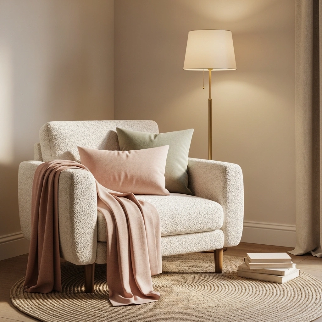 Cozy spring reading nook with cream boucle armchair blush and sage cushions linen throw jute rug and floor lamp for cozy spring reading nook ideas 2026