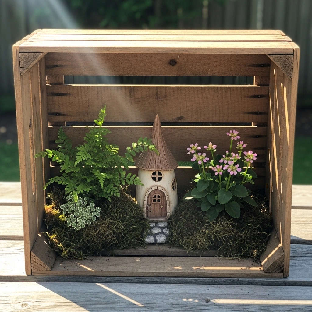 Outdoor fairy garden inside a wooden crate with natural textures, small plants, and a fairy house in soft sunlight creating a simple structured yard idea