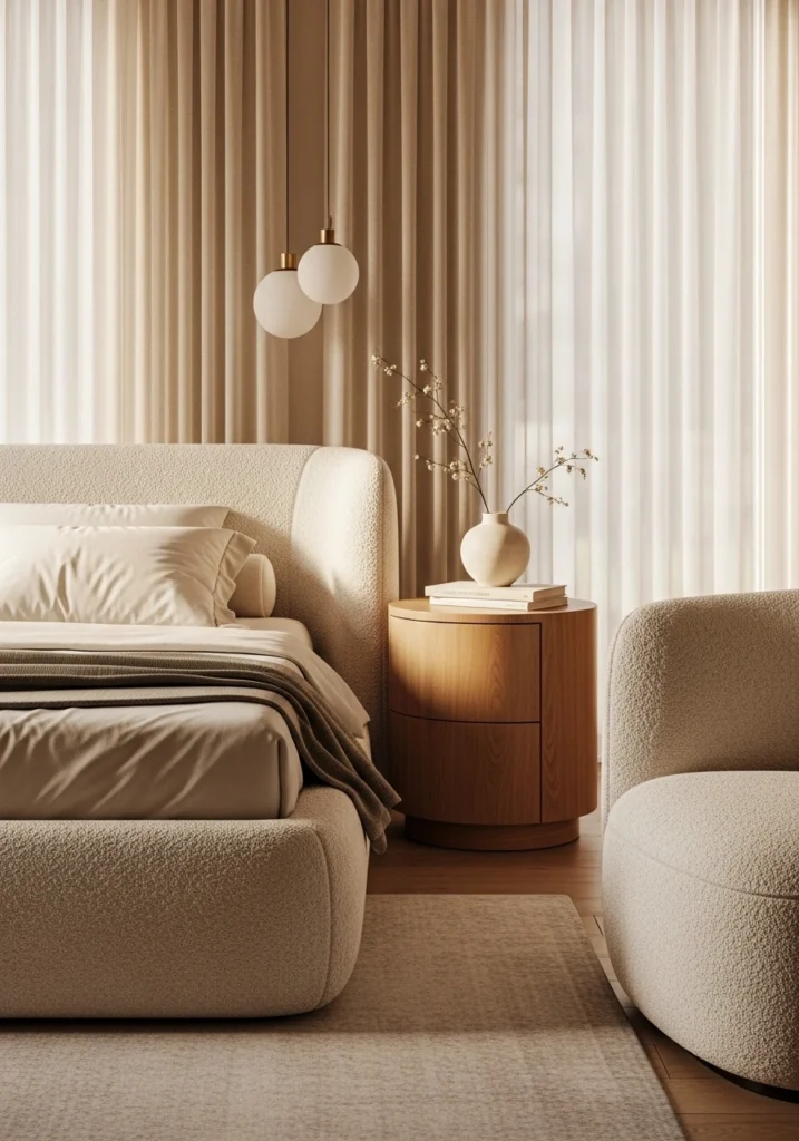 Curved furniture for cocooning bedroom – soft and safe design