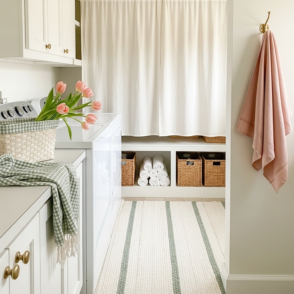 Cute spring laundry room decor with cream sage woven rug blush linen towel on brass hook white linen curtain panel and gingham-lined wicker basket with blush tulips in white laundry room for cute spring laundry room decor ideas 2026