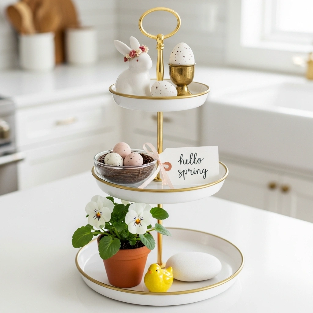 Cute spring tiered tray decor with white ceramic bunny dried flower crown brass egg cup speckled egg glass nest ceramic eggs hello spring handwritten card tag fresh white viola terracotta yellow ceramic chick and white river stone on white gold three tier stand for cute spring tiered tray decor ideas 2026