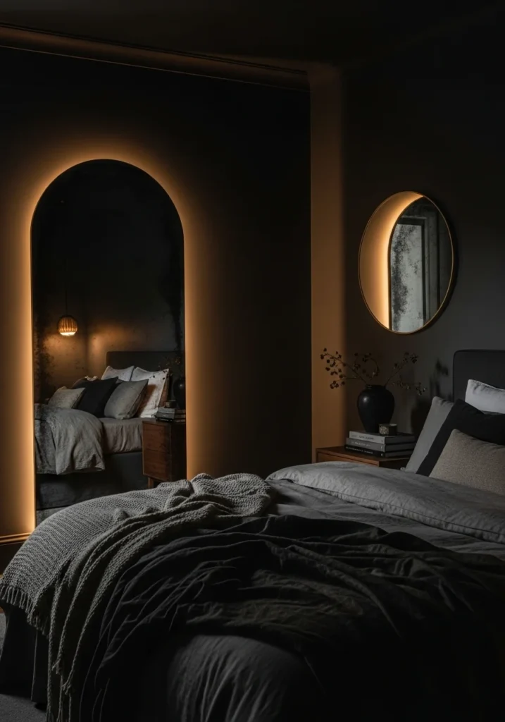 Mirrors in dark bedroom decor – enhancing moody atmosphere