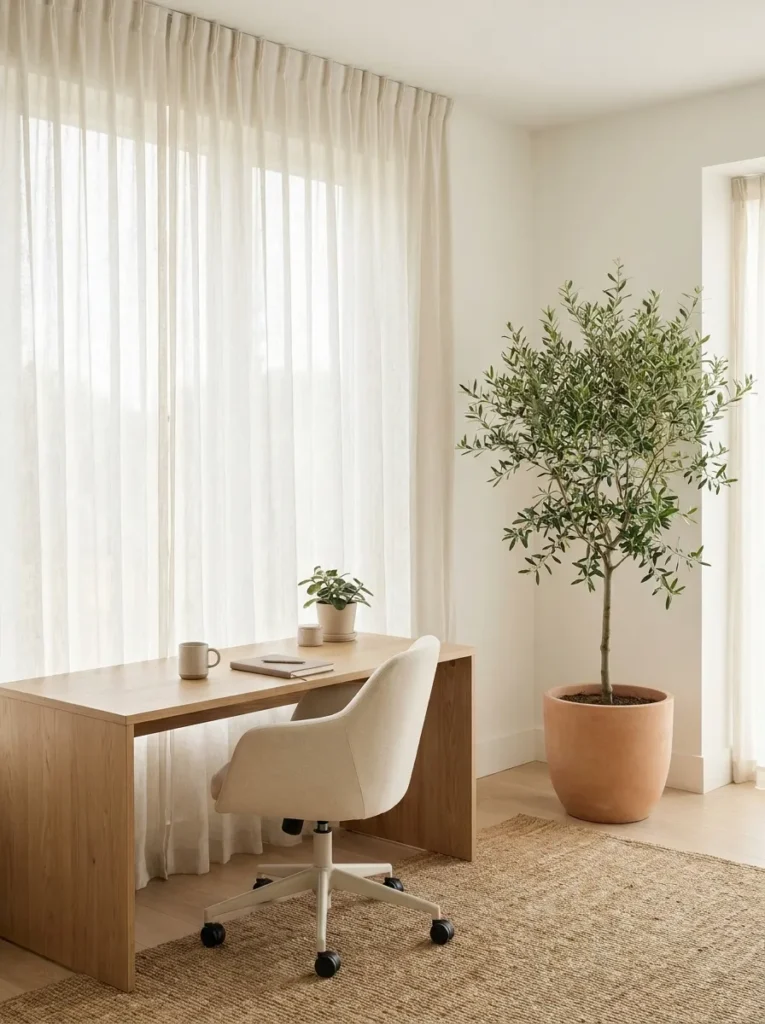 Light oak desk positioned beside a bright window with natural spring sunlight filling a modern home office.