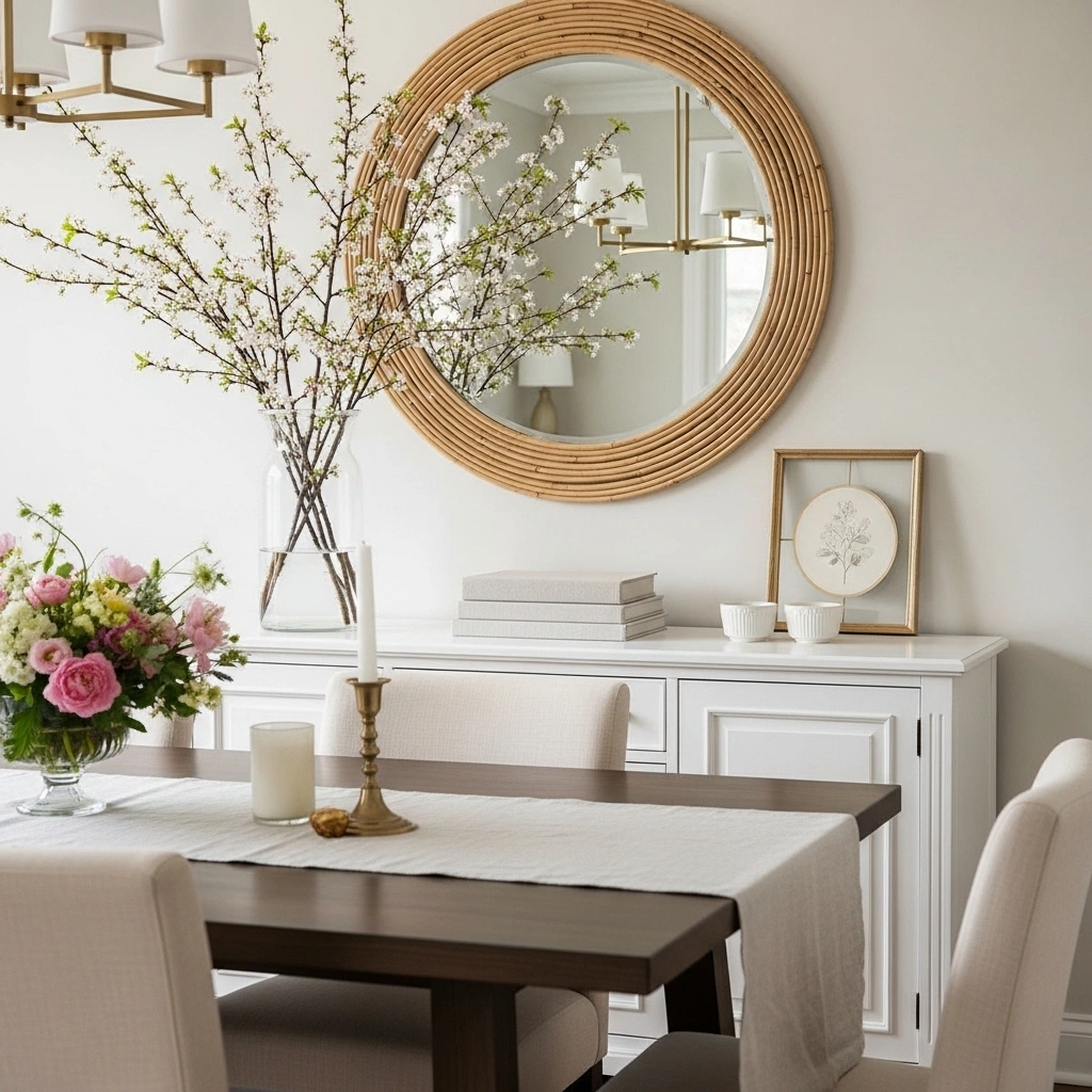 Spring dining room design with table and sideboard connected by cherry blossom branch vase linen books botanical print and rattan mirror for spring dining room table decor inspiration