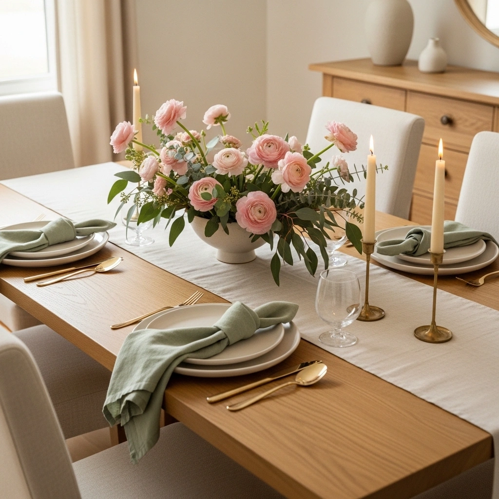 Cohesive spring dining room table decor with blush and sage palette cream linen runner ranunculus eucalyptus centerpiece cream plates sage napkins and brass taper candles for spring dining room table decor ideas 2026