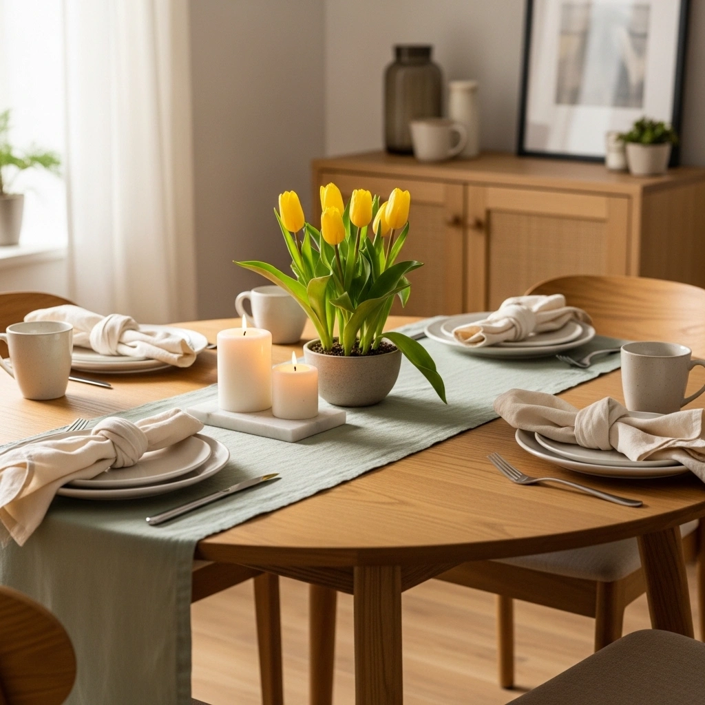  Everyday spring dining room table decor with round wood table sage linen runner yellow tulips ceramic pot white pillar candles and casual white plate settings for dining room table decor ideas 2026