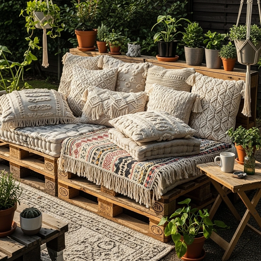 DIY pallet daybed for boho outdoor seating – budget-friendly idea