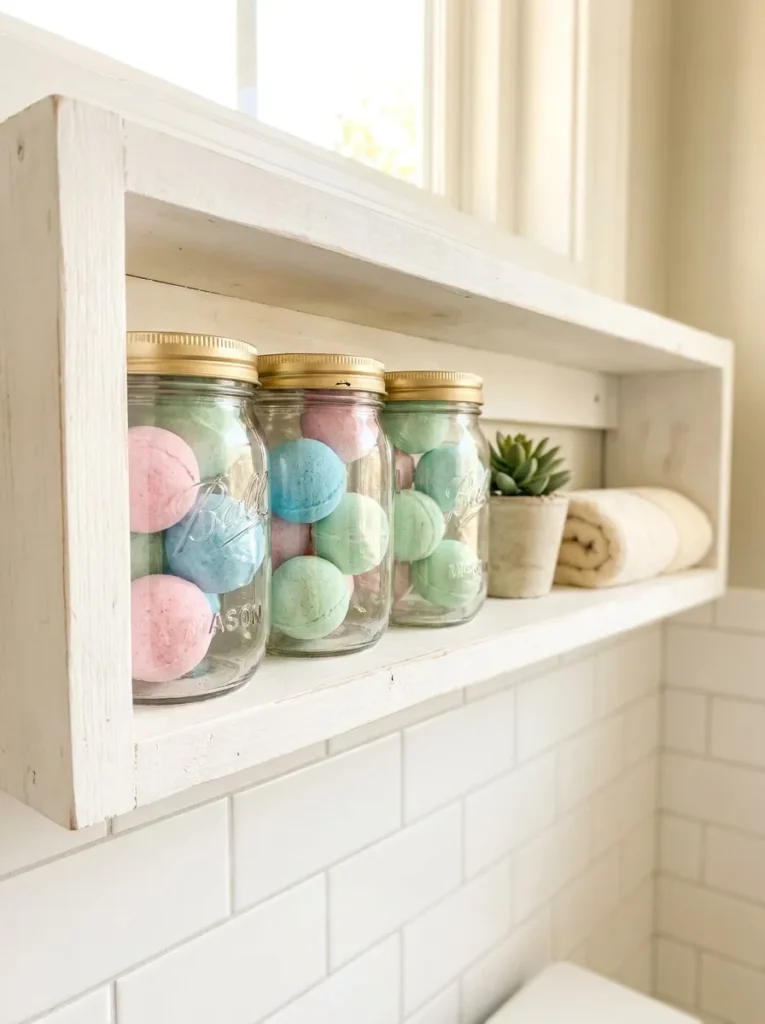 DIY budget bathroom shelves with painted mason jars.