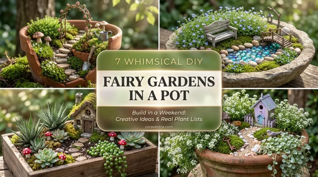 DIY fairy garden in a pot with miniature plants, tiny stone paths and solar lights for a magical outdoor weekend project