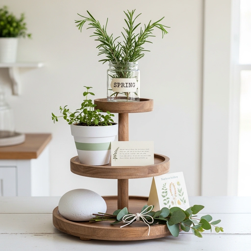 DIY spring tiered tray decor ideas with hand stamped spring label glass jar rosemary white painted terracotta herb pot handwritten botanical card white painted garden stone eucalyptus kitchen twine bundle and home printed botanical card on natural wood three tier stand for DIY spring tiered tray decor ideas 2026