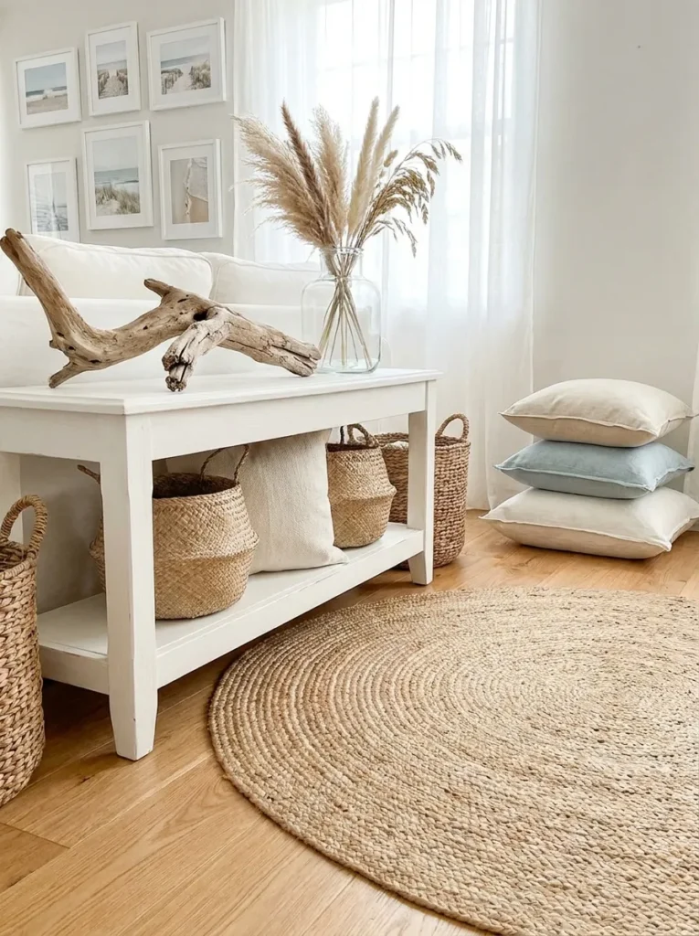 Jute rug and driftwood accents in a coastal-inspired entryway.