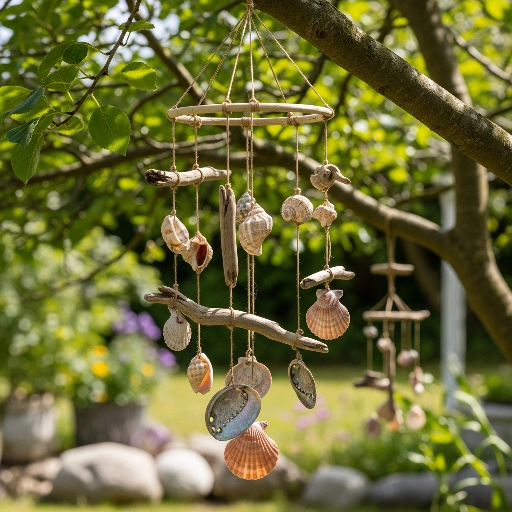 Driftwood and shell mobile – unique eco-friendly garden decor ideas